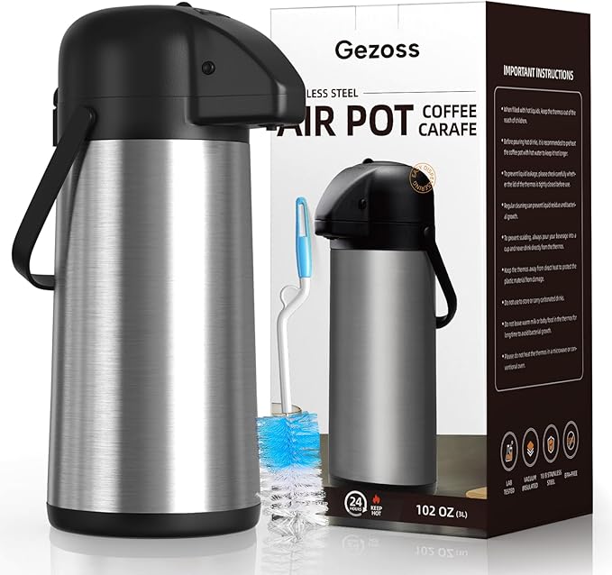 Coffee Carafe for Keeping Hot - Gezoss 102OZ / 3L Airpot Coffee Dispenser with Pump - Large Coffee Carafe for Hot Drinks Tea Liquid - Insulated Stainless Steel Hot Water Beverage Urn for Parties