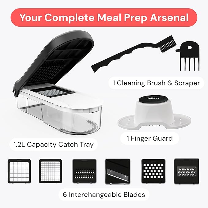 Fullstar Mandoline Slicer for Kitchen - Vegetable Chopper, Onion Potato Food Veggie Fruit Slicer and Cutter with Container, Kitchen Gadgets & Accessories, Home Essentials (6-in-1, Full White)