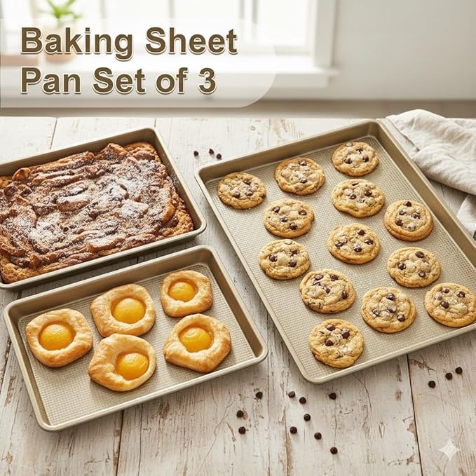 Baking Sheet Pan Set of 3 | Nonstick Cookie Sheets for Baking Supplies | No Rust & No Toxic Carbon Steel Half Sheet Pan+Jelly Roll Pan+Quarter Sheet Pan Set | Heavy Duty Baking Tray for Oven