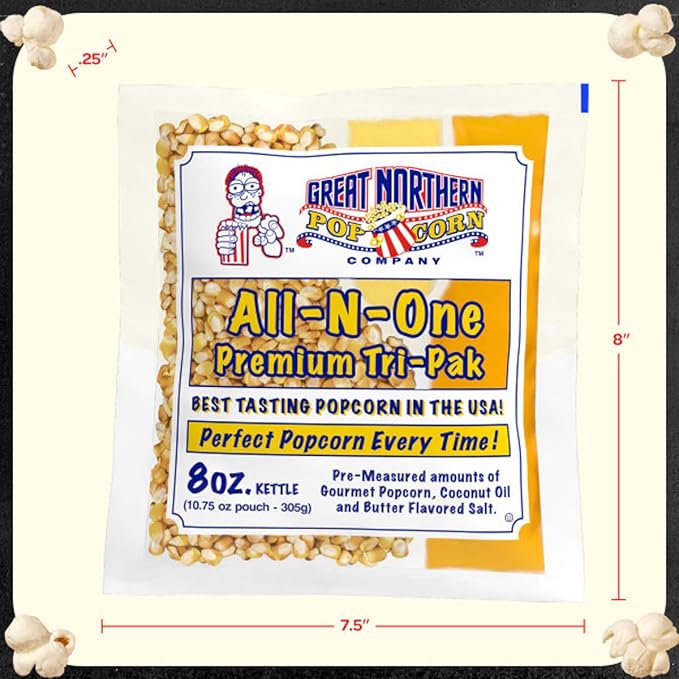 Movie Theater Style 12-Count Popcorn Packs - Pre-Measured 8-Ounce All-in-One Kernel, Salt, Oil Packets for Popping Machines by Great Northern Popcorn