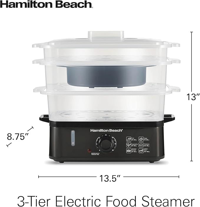 Hamilton Beach Electric Food Steamer, Rice Cooker & Egg Boiler for Quick, Fast Healthy Cooking with Stackable Three-Tier Bowls for Vegetables and Seafood, 9.5 Quarts, Auto Shutoff, Black (37430)