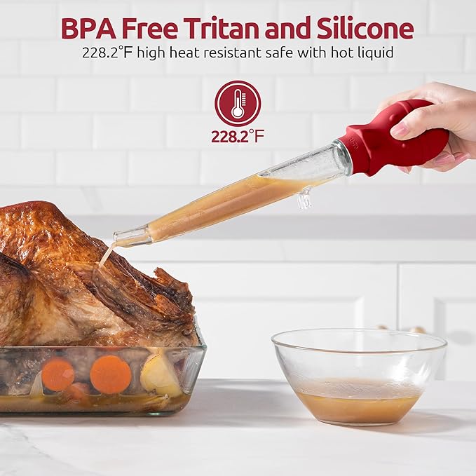 U-Taste 18/8 Stainless Steel Measuring Cups and Spoons Set of 10 Piece, Upgraded Thickness Handle and 1.5oz Heat Resistant Angled Turkey Baster with Cleaning Brush for Cooking Basting (Red)