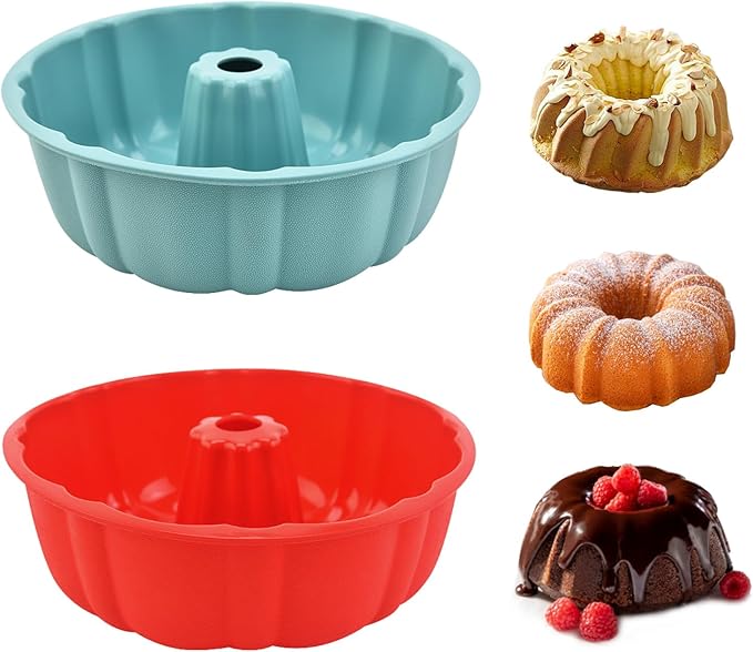 PADELE 2 Pack Silicone Cake Pan Nonstick,10 Inch, Silicone Cake Molds,Pound Cake Pan, Baking Cake Pan for Jello,Gelatin,Cake,Brownie and Bread（Red+Blue）