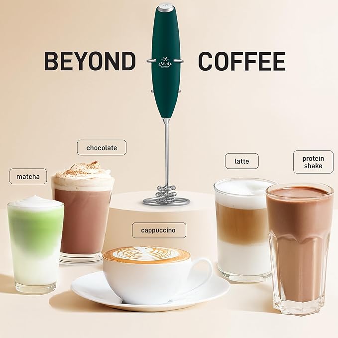 Zulay Kitchen Patented Tornado Triple Whisk Milk Frother with 4 Duracell Batteries – Handheld Foam Maker for Coffee, Lattes, Matcha & Hot Chocolate – Rich, Creamy Froth in Seconds - Dark Green