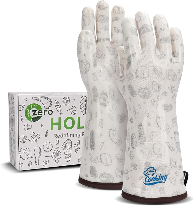Heat Resistant Gloves Oven Hot Mitts with Fingers Silicone Oven Glove for Cooking Baking Grilling BBQ Cute Print White Large