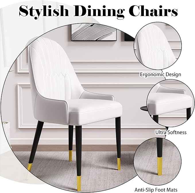 AF ARTISAN FURNITURE White Dining Chairs Set of 2 with High Backs Mid Century Modern Kitchen Dining Room Chairs PU Faux Leather Upholstered Large Padded Accent Chair with Legs