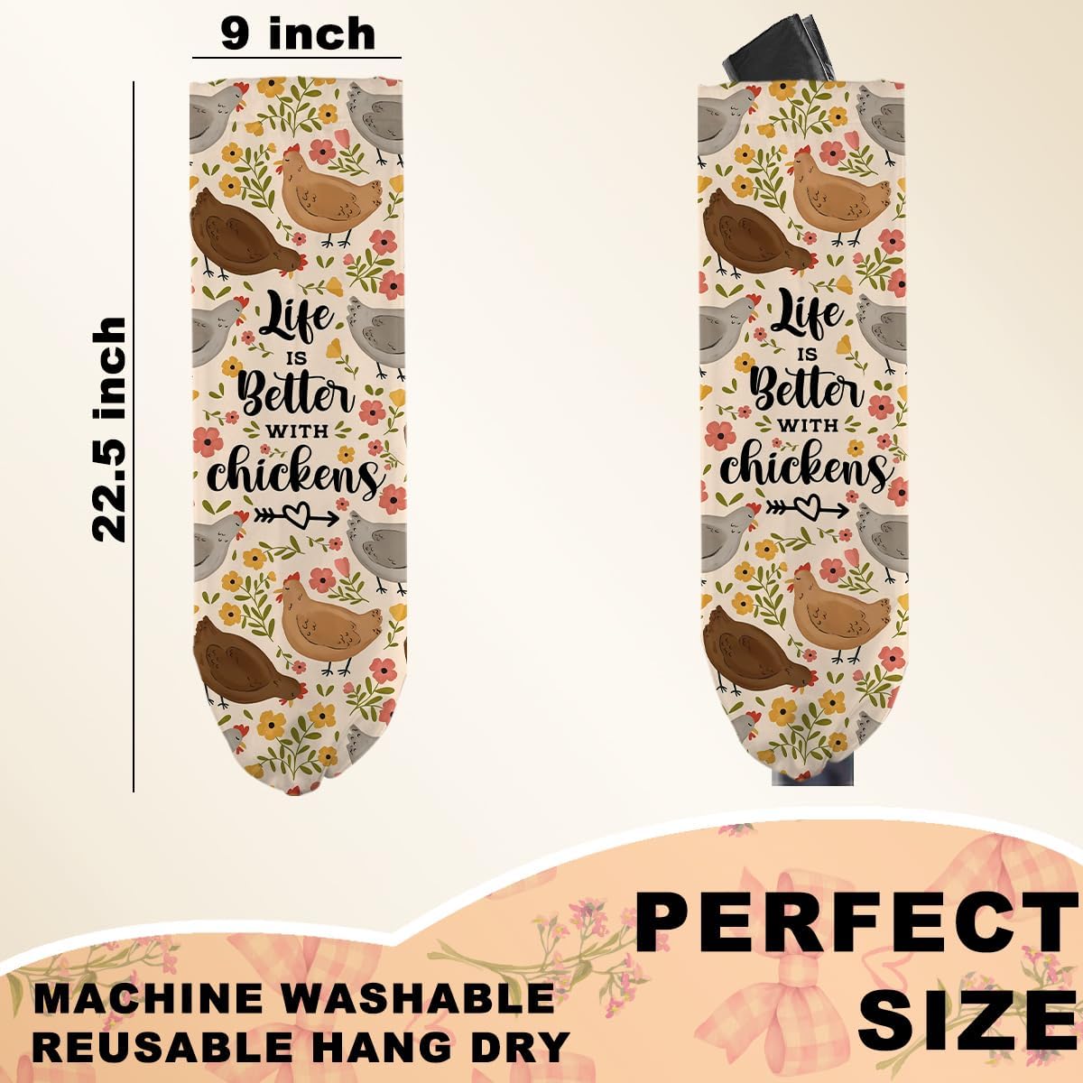 2Pcs Rustic Sweet Farm Plastic Bag Holder for Kitchen Essentials, Wall Mount Grocery Bag Holder for Plastic Bags, Chicken Floral Reusable Grocery Bags Storage Dispenser for Home Kitchen Farmhouse