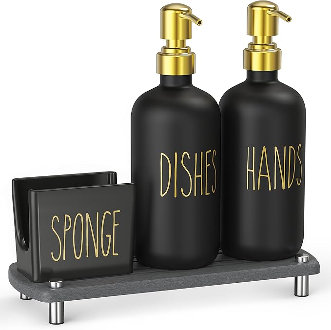 Cisily Kitchen Soap Dispenser Set Comes with Ceramics Sponge Holder, Gold Pumps, and Instant Dry Tray, Hand and Dish Soap Dispenser Set (4, Gold + Black + Sponge Holder)