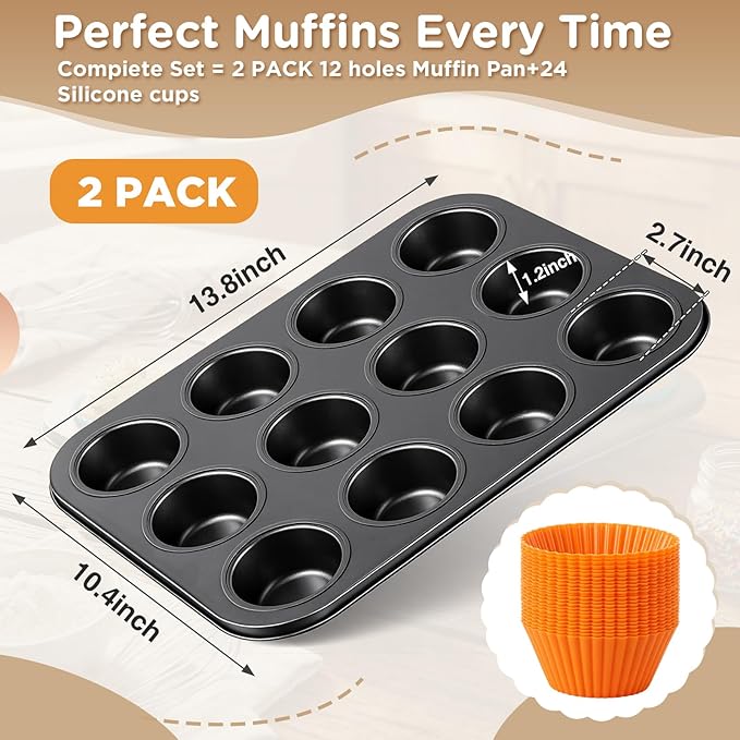 2 Set 12-cup Non Stick Carbon Steel Muffin Pan for Baking with 24 Reusable Silicone Liners, Non Toxic Cupcake Pan Muffin Tin for Easter Wedding Brownies Egg Bite, Easy to Pop(Orange)