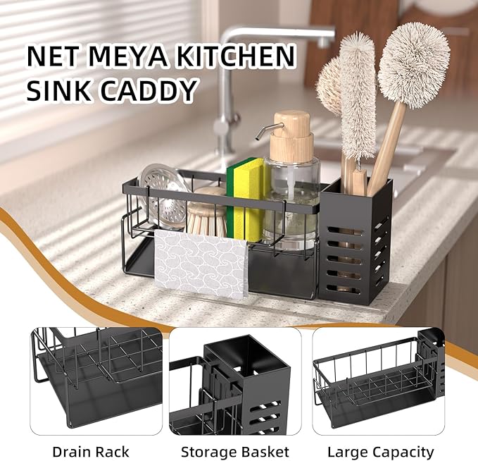 Kitchen Caddy Sink Organizer,Sponge Holder with Dish Brush Holder,Sponge Caddy Soap Dispenser Storage,304 Stainless Steel Kitchen Sink Accessories Over the Sink Shelf