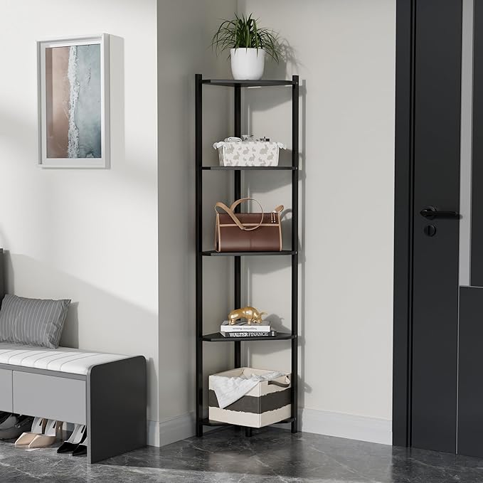 Wisuce Corner Shelf, 100% Real Bamboo Shower Corner Shelves Free Standing Shelf Storage Organizer for Bathroom Living Room Kitchen (Black, 5 Tier)