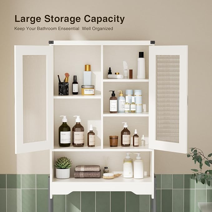 Over The Toilet Storage Cabinet with Tempered Glass Doors & Adjustable Shelf, Bathroom Organizers and Storage with Metal Stand Space Saver Over Toilet Organizer, Tall Freestanding Rack, White
