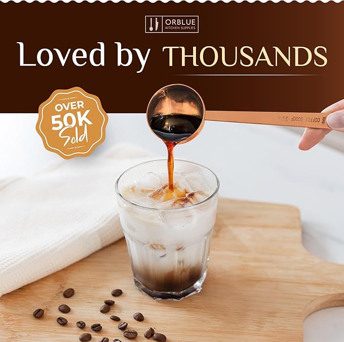 Orblue Premium Coffee Scoop Set - 1 Tbsp (15ml) & 2 Tbsp (30ml) Measuring Tablespoon - Stainless Steel Coffee Measuring Spoon and Scooper with Long Handles - Pack of 2 - Rose Gold