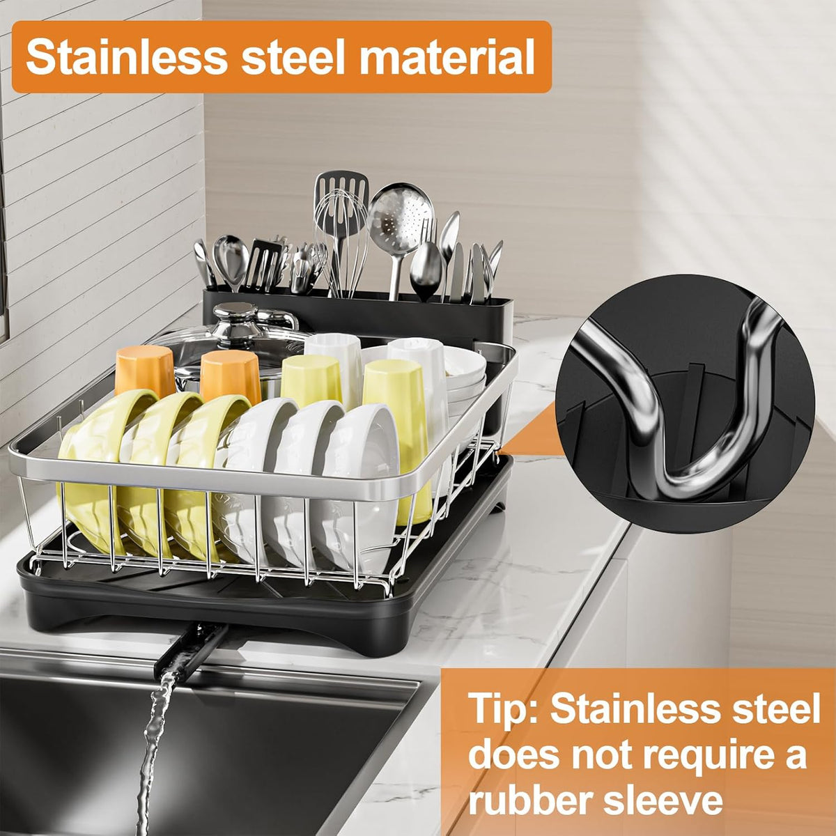 Stainless Steel Dish Drying Rack – 304 Grade Dish Racks for Kitchen Counter with Utensil Holder & Adjustable Spout, Space-Saving Organizer, 16.5" x 11.8" x 5.3" Black