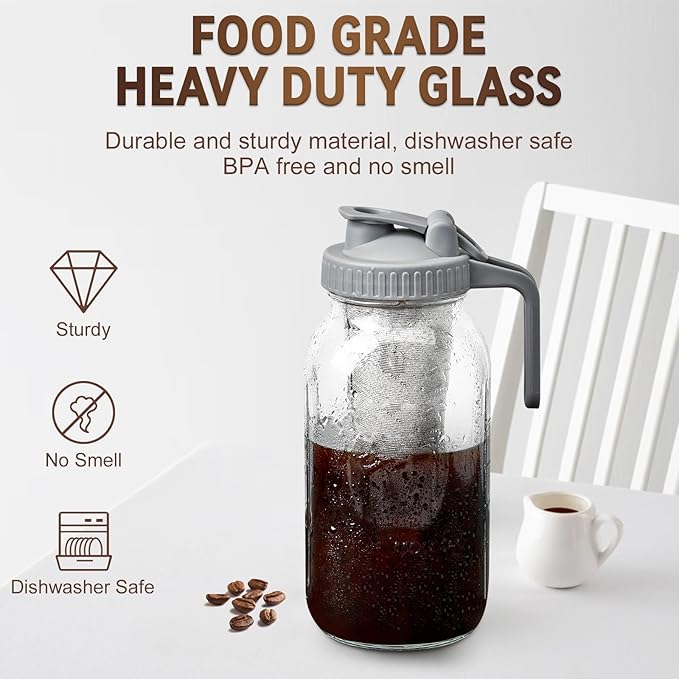 OneDream Cold Brew Coffee Maker - 2 Quart 64oz Stainless Steel Filter Cold Brew Pitcher Jar, No Leaks Cold Brew Mason Jar Coffee Maker, Easy to Clean Cold Coffee Maker