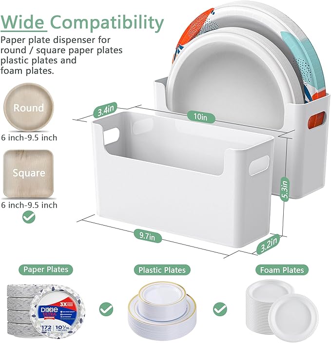 4Pcs Paper Plate Dispenser for 6-9.5 Inch Disposable Plates, Space-Saving Plastic, Foam and Paper Plate Storage Organizer for Cabinet, Countertop, RV or Outdoor (White)