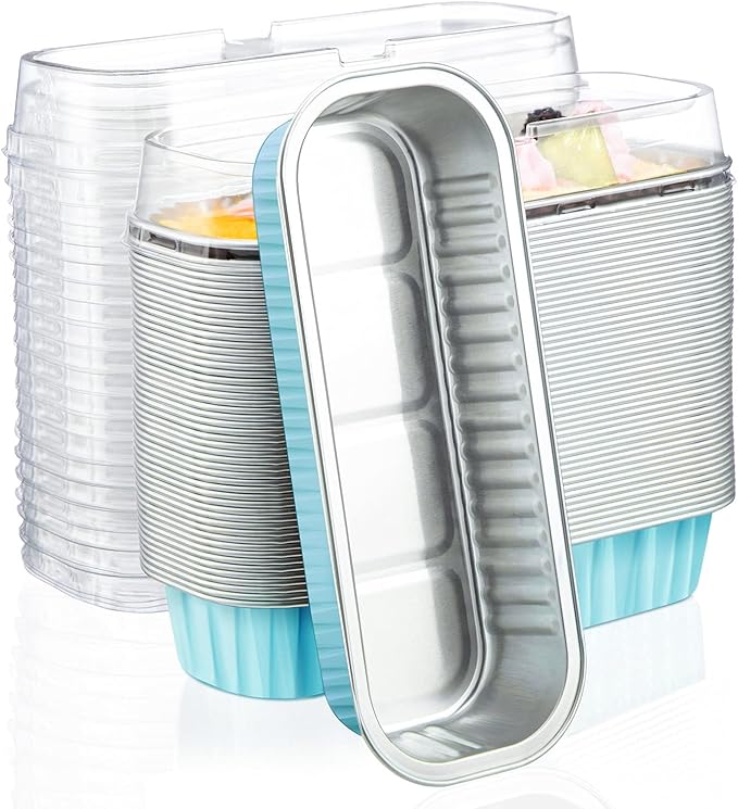 EUSOAR Baking Cups with Lids, 50pcs 6.8oz 6.5"x2.5"x1.2" Disposable Aluminum Foil Ramekins Pan Tin, Cupcake Containers Wrappers Cheesecake Creme Brulee Ramekins Mini Loaf Cake Pans with Lids