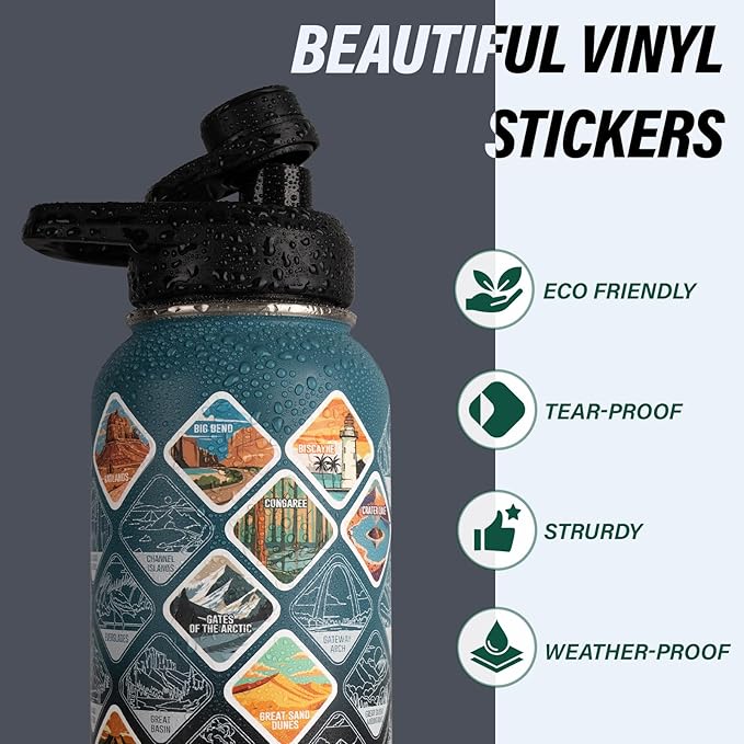 DYSANKY National Parks Water Bottle – 40 oz Insulated Stainless Steel Bottle with 63 Hand-Drawn Park Stickers, Carrier Bag, Strap & Gift Box – BPA-Free – Ideal for Hiking, Camping & Travel