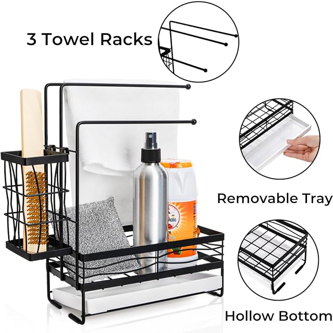 Tlence Kitchen Sink Caddy with 3 Dishcloth Drying Racks, Sponge Holder Rag Stand with Drain Pan, Metal Sink Storage Organizer with Removal Basket for Brush, Towel, Scrubber, Dish Rag, Black