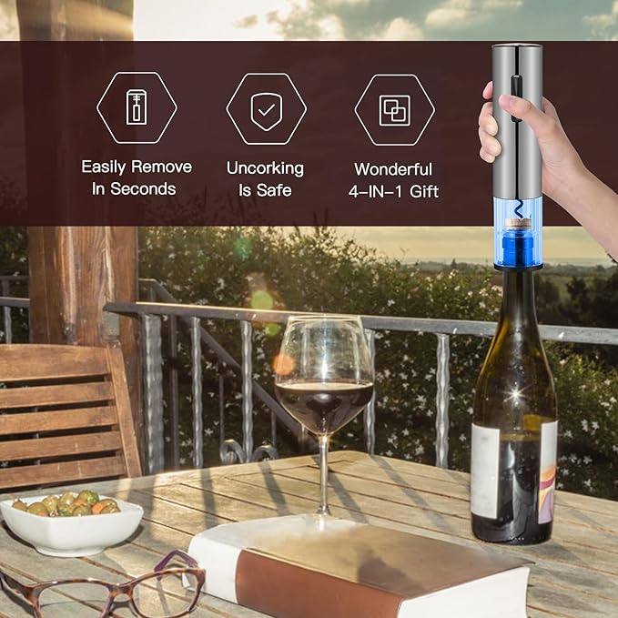 VIDYSUFYR Electric Wine Bottle Opener Set- Silver, Automatic Wine Bottle Opener with Led Light, Rechargeable Corkscrew Kit with Aerator，Foil Cutter，Stoppers