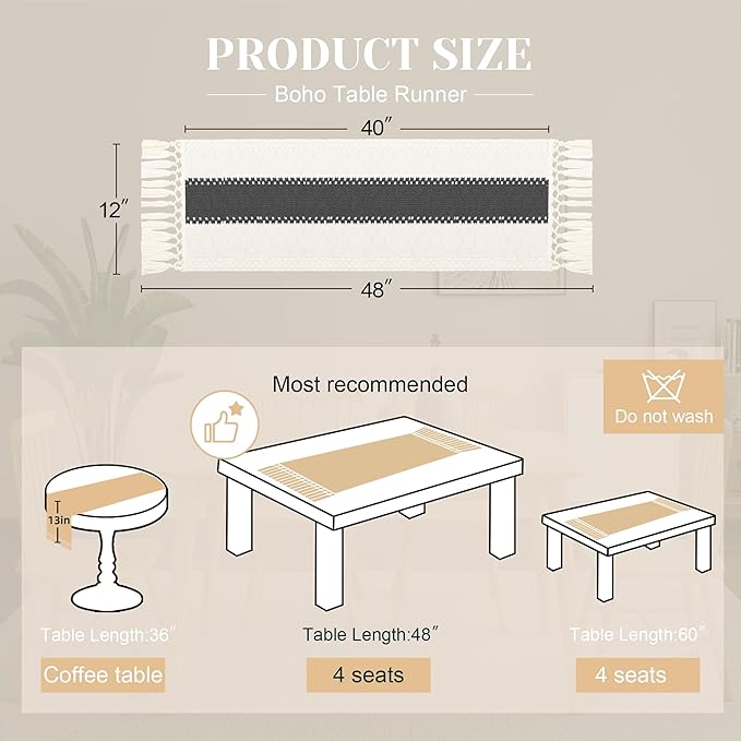 FEXIA Boho Table Runner for Home Decor with Tassels 48 Inches Long,Grey Farmhouse Rustic Table Runner Macrame Burlap Table Decoration for Living Room Bridal Shower(12x48 Inches)