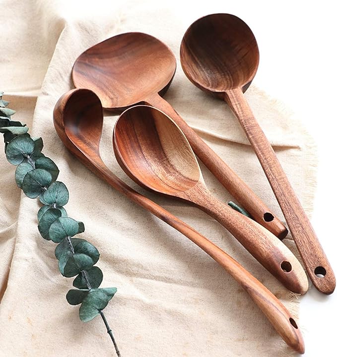 FJNATINH Wooden Soup Ladle Set, Kitchen Spoon Set Utensils, 4 Pcs Handmade Natural Teak Cooking Spoons, Long Handle Wooden Soup Ladle Spoon
