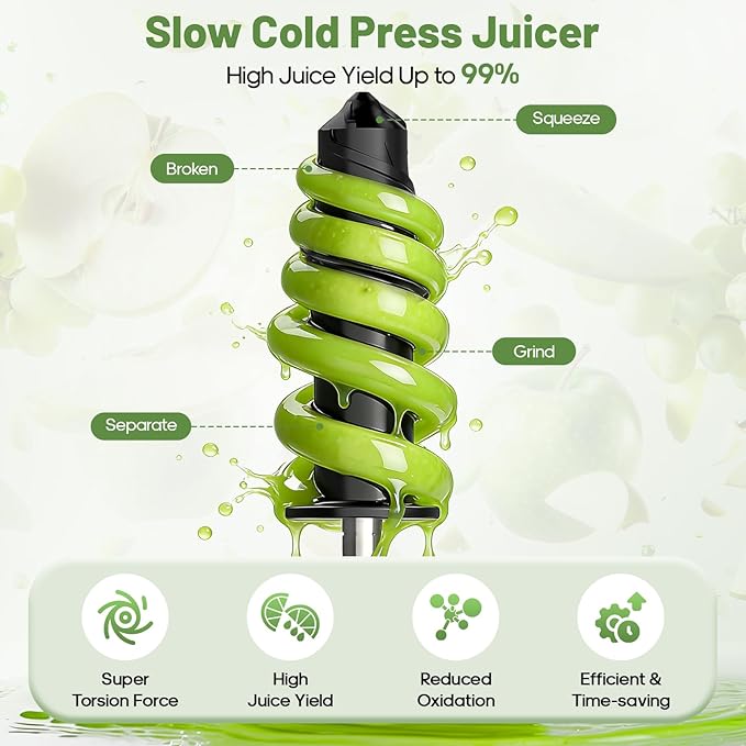 GVODE Cold Press Juicer, Powerful Masticating Juicer with Dual Feed Chute, Electric Juicer with Pulp Separation, Countertop Juicer Machines, 75dB, 3 Mode Operations, Overheat Protection