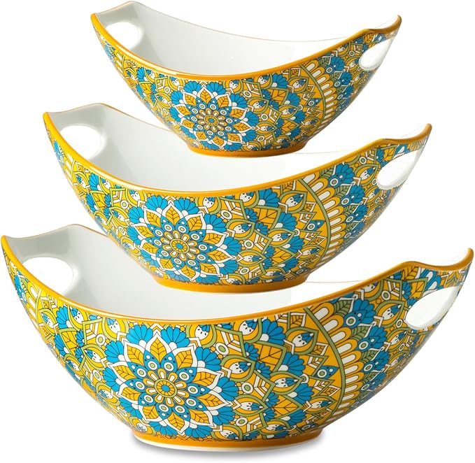 LAUCHUH Serving Dishes for Entertaining, Porcelain Serving Bowls with Handles Bohemian Salad Bowls Set Nesting Bowls for Mother's Day Party, Set of 3, 15/28/49 oz, Blue and Yellow