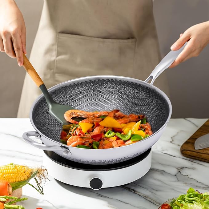 12Inch Woks & Stir-fry Pans Nonstick, Wok Pan with Glass Lid: Pre-Seasoned Flat Bottom Chinese Wok for Induction, Electric, Gas, All Stoves