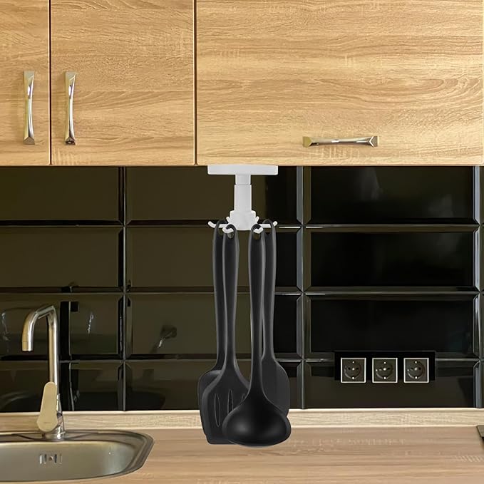 SUPVOX 2pcs Nail-Free Adhesive Kitchen Utensil Hooks with 360° Rotatable Six-Claw Design, Plastic Wall and Ceiling Mounted Storage Organizer for Cooking Tools and Sundries