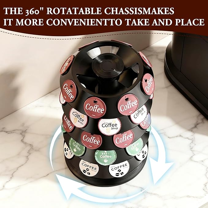 CEHNCEH K Cup Holder: Coffee Pod Carousel Organizer, Compatible with 40 Keurig K-Cup Pods, Spins 360-Degrees - Lazy Susan Platform, Home or Office Kitchen Counter Organize (New Model Black)