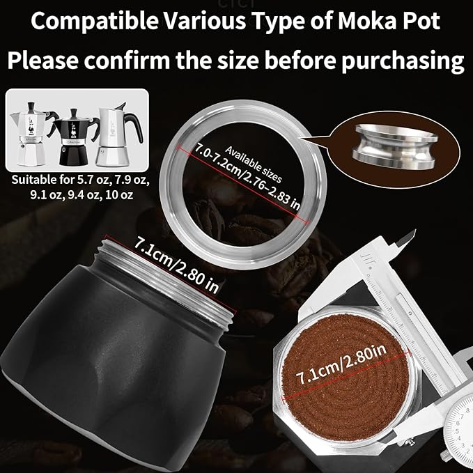 Coffee Tamper for 4 Cups to 6 Cups Moka Pot, 304 Stainless Steel Espresso Dosing Funnel Set, Coffee Distributor Leveler Compatible with Italian Espresso Stovetop Moka Pot, Silver