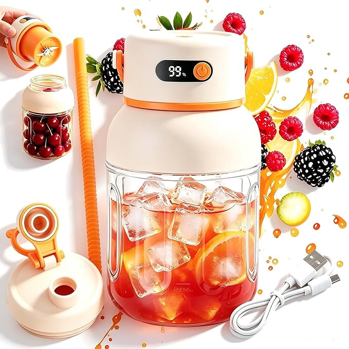 Portable Electric Juicer Cup with Zero Cord Hassle, 800-1200ML Personal Rechargeable Blender Portable for Shakes and Smoothies, with 36 Stainless Steel Blades, Straw and Two Lids (1200ML/42.33OZ)