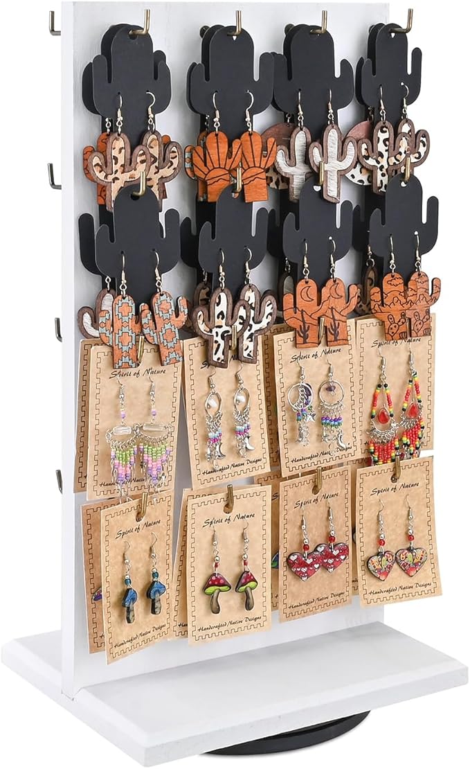 Ikee Design Wooden Rotating Two-Sided Jewelry Display Stand, Rotating Organizer with 32 Long Hooks for Store, Bracelet Keychain Earring Display, White Color, 9.1W x 7.5 D x 17.1 H in