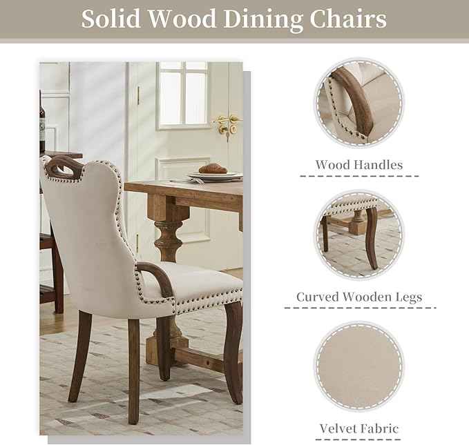 Beige Velvet Dining Chairs Set of 6，Modern Upholstered Dining Room Chairs with Tufted Back and Wood Accents, Curved Solid Wood Legs & Nailhead Trim, Sillas De Comedor Modernas 6