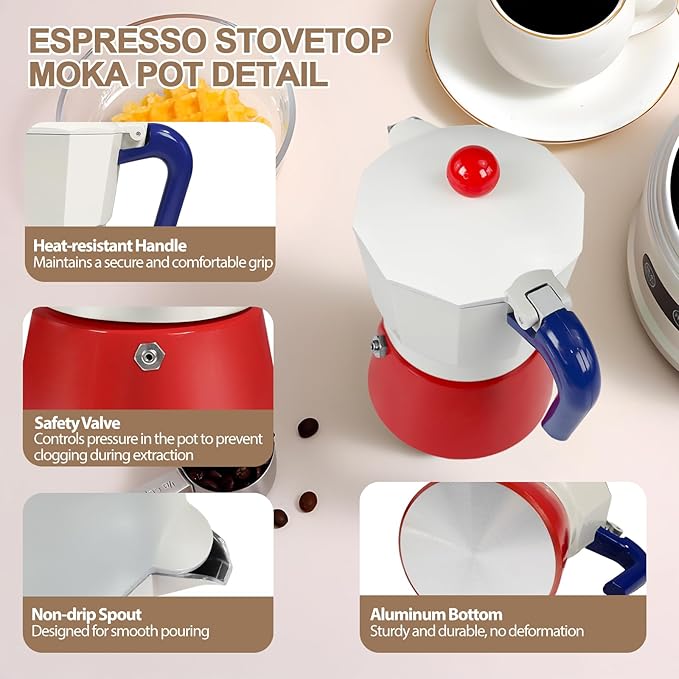 Aluminum 3 Cup 150ml Moka Pot Express Coffee Maker Stovetop Espresso Colorful Coffeemaker Italian Classic Style Brewing Greca Cafe Mocha Machine for Cafeteras Lover Camping Travel and Home Use 5oz