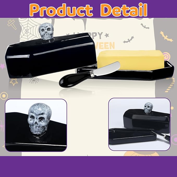 Reallnaive 2 Pcs Coffin Butter Dish with Lid Set with Butter Knife Black Gothic Skull Shape Ceramic Halloween Gothic Horror Kitchen Utensils Gift for Halloween Table Decoration Party Supplies (Stereo)