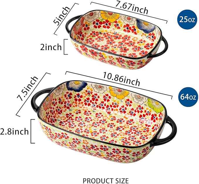 Retro pastoral style Ceramic Baking Dish Rectangular Bakeware Set Baking Pan, 2-piece Hand-painted Porcelain Baking pan with handle, Casserole Dish for Oven/Cooking/Kitchen (Romantic Flower)