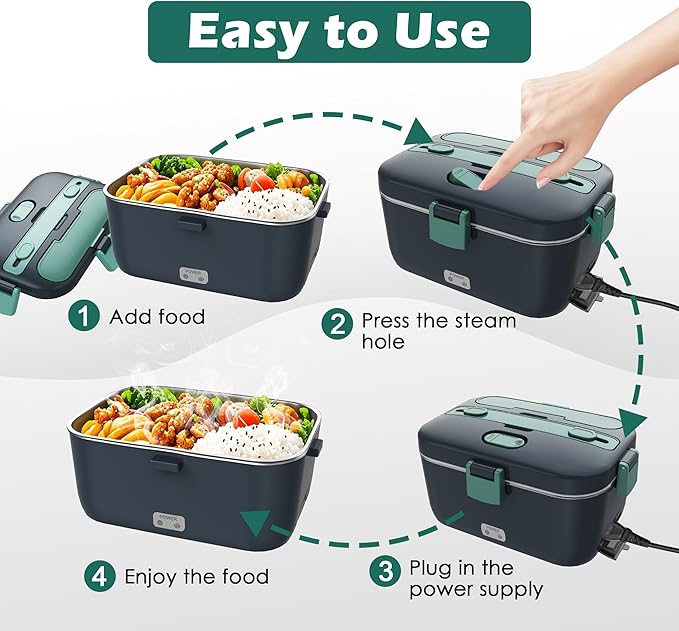 COZYEXPERT Electric-Lunch-Box-Heated-Food-Warmer 100W Heating Lunchbox for Adults 1.8L Portable Food Heater for Work/Car, 12V/24V/110-230V Lonchera Eléctrica Portátil with Fork Spoon (Gray+Green)