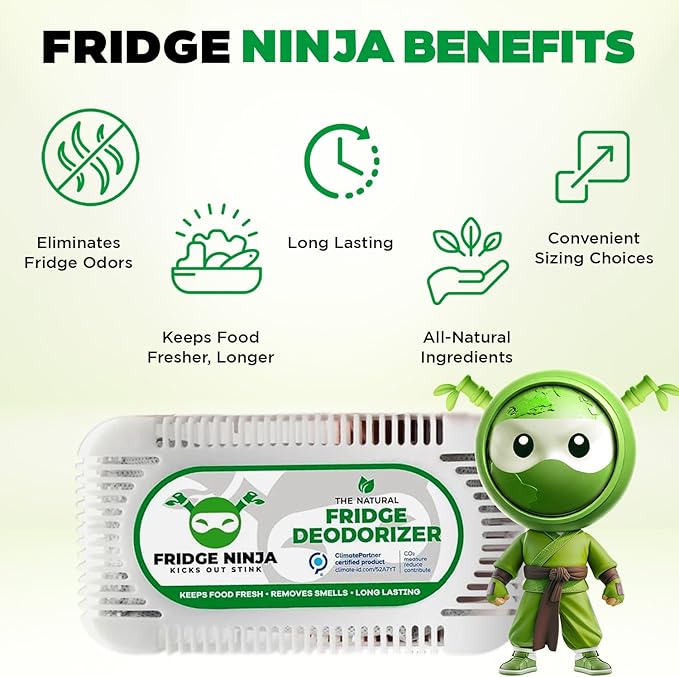 Fridge Ninja Fridge Deodorizer (2 Pack) - More Effective Than Baking Soda - Natural and Unscented Activated Charcoal Refrigerator Deodorizer and Odor Eliminator for Freezers, Coolers, and Lunch Boxes
