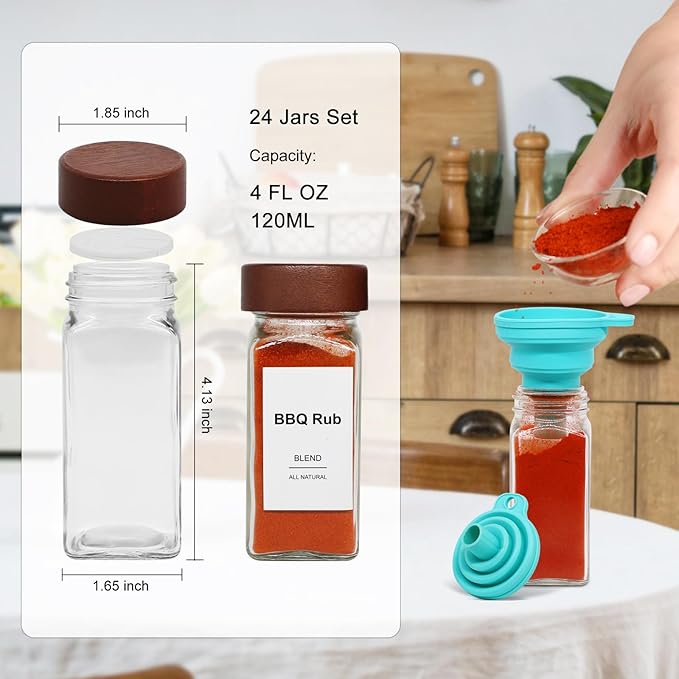 16 Pcs Spice Jars, 4oz Seasoning Containers with Acacia Wood Shaker Lids, Glass Spice Bottles with Labels, Square Seasoning Organizer, Kitchen Spice Container
