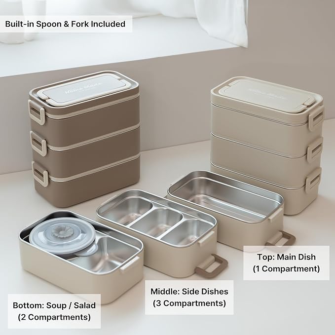 Bento Box Adult Lunch Box, Stackable 3-Layer 304 Stainless Steel for Adults, Office, 3L Capacity, Portable, Soup Bowl, Spoon & Fork, Metal Lunch Box, Tiffin (Brown)