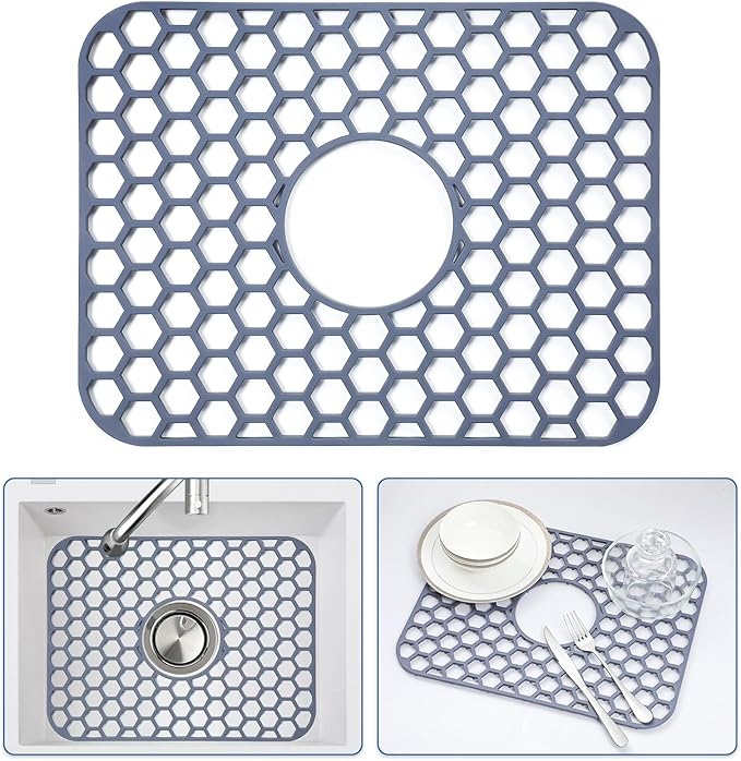 Bestjing Silicone Sink Protectors for Kitchen Sink with Center Drain - 16.2"x12.5" Kitchen Accessory, Non-Slip Heat Resistant Sink Mat for Bottom of Farmhouse Porcelain Stainless Steel Sink