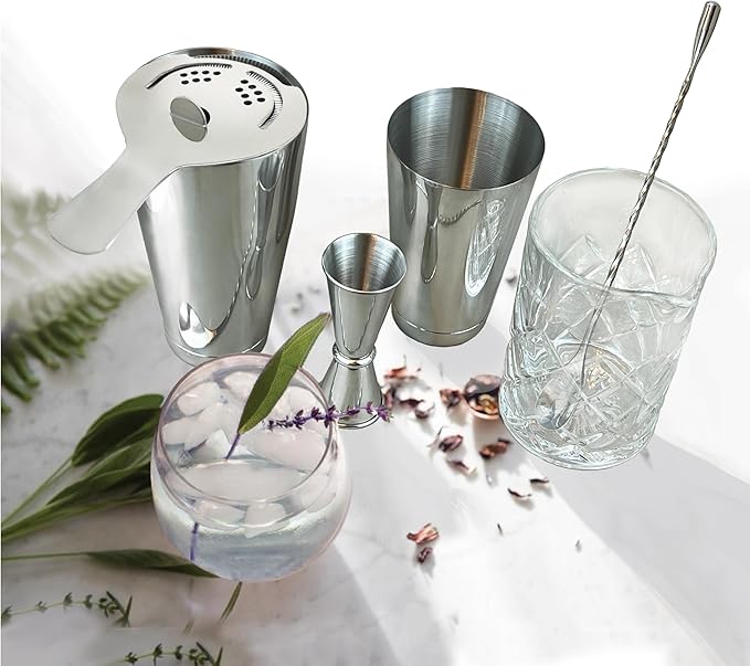 Lily's Home 6-Piece Boston Cocktail Shaker Set: Boston Shaker Cocktail Set,Mixing Glass, Mixing Spoon,Dual Sided Jigger and Stainer,for Home Mixology,Cocktail Lovers & Beginner