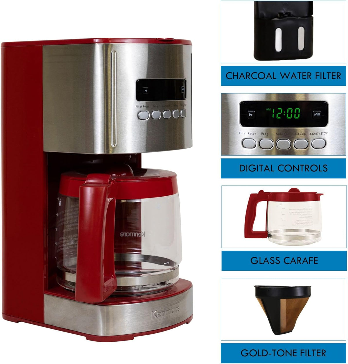 Kenmore Drip Coffee Maker - 12 Cup Programmable Cafe Machine With Glass Pot, Regular & Bold Brew, Auto Shut Off Large Water Reservoir, Reusable Filter, Kitchen Appliances For Cafeteria Barista, Red