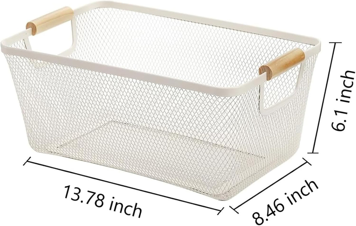 Metal Mesh Steel Basket, Large Wire Storage Organizer Basket Multi-function Hanging Kitchen Baskets with Wood Handle for Kitchen Bathroom Picnic Home, Rectangle-Off White