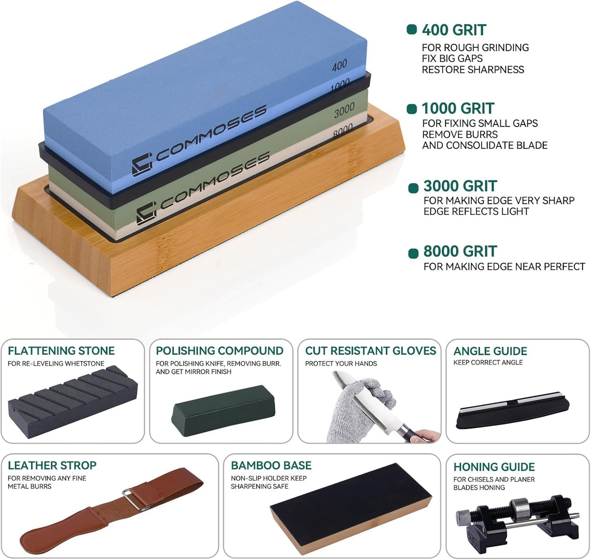 Whetstone Sharpening Stone Knife Sharpener Stone Set: 4 Side 8000|3000 1000|400 in Kitchen With Bamboo Base,Cut Resistant Gloves,Angle Guide,Honing Guide,Flattening Stone,Leather Strop,Rubber pad