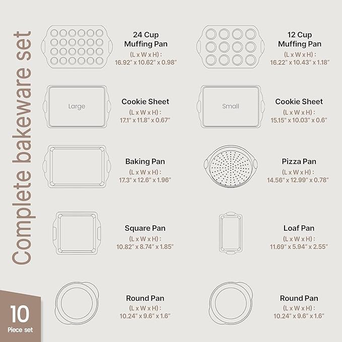BAKKEN Kitchen Baking Pan Set - Nonstick Green Marble Coating, Carbon Steel Bakeware Sets with Green Silicone Handles, Kitchen Essentials, PFOA, PFOS, PTFE Free, Oven Safe (Up To 450° F), Set of 10