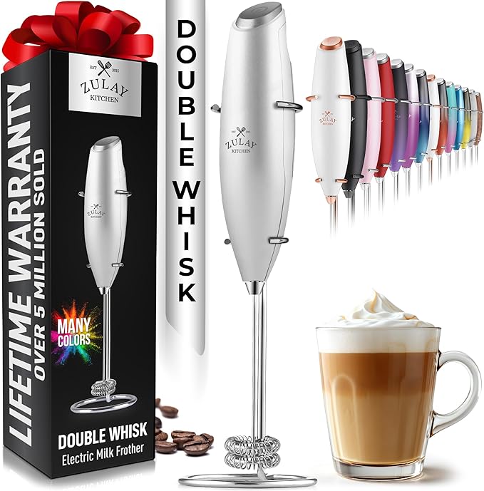 Zulay Kitchen Double Whisk Milk Frother – Handheld Foam Maker for Coffee, Lattes, Matcha, Hot Chocolate & Cappuccinos – Whip Creamy Froth in Seconds, Portable & Easy to Use
