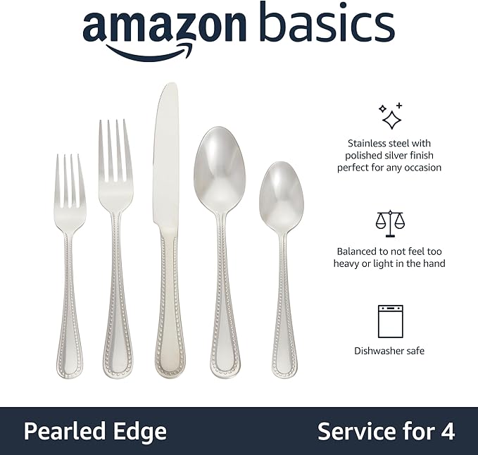Amazon Basics Silverware Set, Stainless Steel Flatware, Dishwasher Safe, Easy to Clean, Service for 4, 20-Piece Forks and Spoons, Pearled Edge
